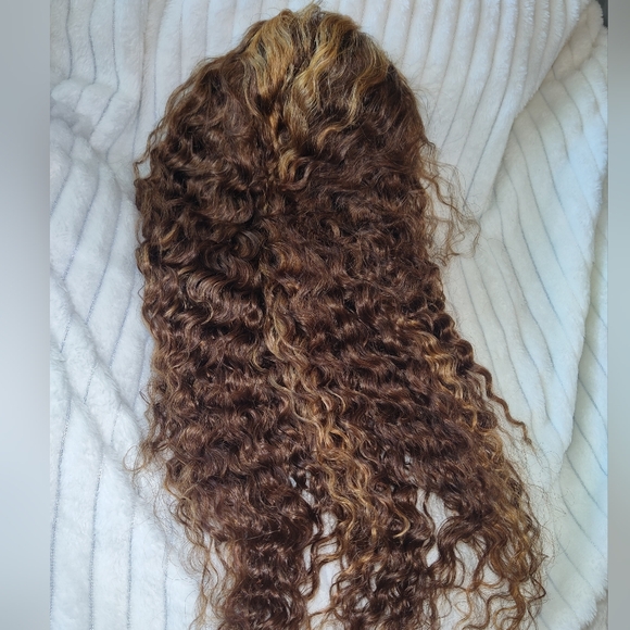 16" 100% Human Hair 13x6 Lace Front Wig Honey Brown Blonde Water Wave Curly - Picture 8 of 14